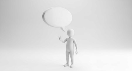 a stick figure is pointing towards a speech bubble. the image is a concept art illustration with a simple and clean white background.の素材