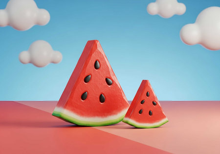 two watermelon slices on a pink surface with a blue sky and clouds. a bright and cheerful image perfect for summer themes and designs.の素材