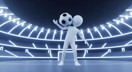 A soccer player balances a ball on his head in a neon lit stadium. This illustration captures the passion of the game and the thrill of sport.の素材
