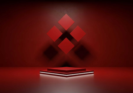 a red product display stand with geometric shapes in the background, perfect for showcasing products in a modern and minimal style scene.の素材