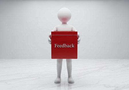 a person is holding a red box with the word feedback on it, a concept about opinions and reviews, a white background and marble floorの素材