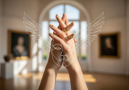 Female hands with golden nail design and white angel wings in art gallery.の素材