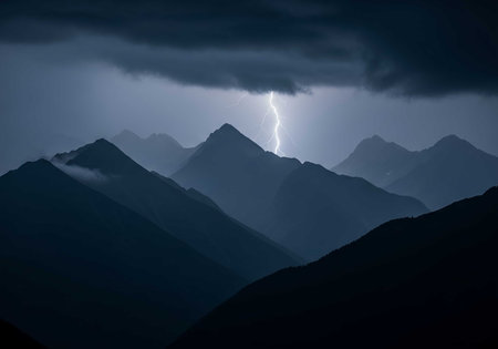 Lightning in the mountains at night. Dramatic sky. Caucasus, Russiaの素材