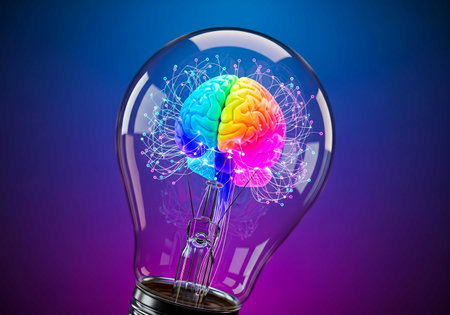 Lightbulb with human brain inside, 3D rendering on blue backgroundの素材