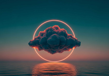 3d rendering of a big cloud in the sea with round frameの素材