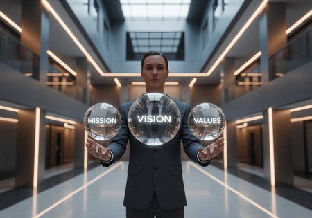 Businessman holding glass sphere with vision concept on his hands. 3d renderingの素材