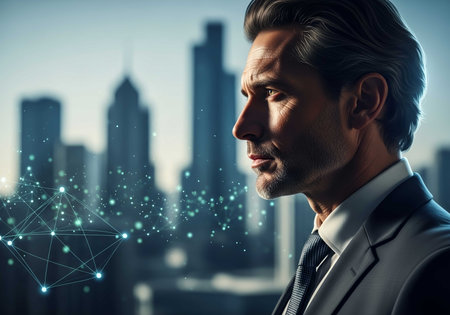 Businessman looking at network hologram over city background. Technology conceptの素材
