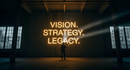 View of a Businessman standing in front of a VISION STRATEGY inscription, 3d renderingの素材