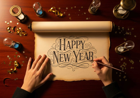 Hand writing Happy New Year on paper with golden confetti on wooden tableの素材