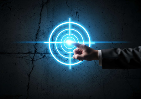 Close up of businessman hand pointing at glowing target on concrete wall backgroundの素材