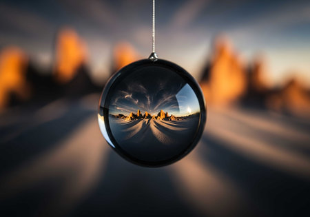 Merry Christmas and Happy New Year concept. Glass ball with reflection of mountains and sky.の素材
