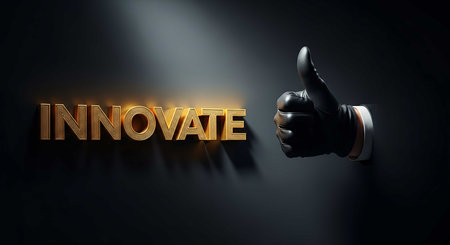 Innovate word with thumbs up sign on dark background. 3D renderingの素材