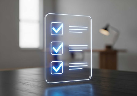 Checklist icon on dark table in office. 3d rendering.の素材