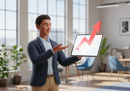 businessman showing tablet with graph on screen in office, success conceptの素材