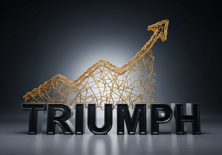 3d rendering of the word TRUMPH and a golden arrowの素材