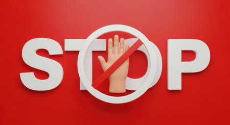 a stop sign with a hand and line through it, indicating restriction, caution, and prohibition conceptの素材