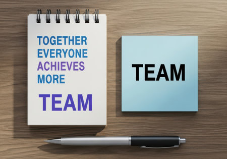 teamwork concept with notes and pen on a wooden desk, together everyone achieves more team success.の素材