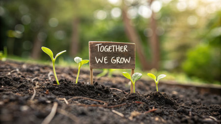 seedlings emerge from soil, sign says together we grow, symbolizing nature, growth, and collaboration.の素材
