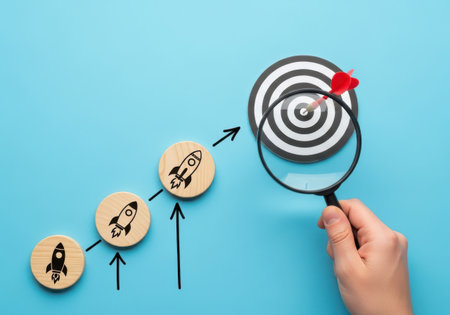 visualizing business growth strategy with a rocket and target, focusing on success and achievement.の素材