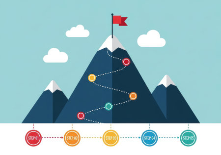 a mountain climbing path to success with steps and a flag at the peak, a journey to achievementの素材