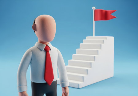 cartoon business man looking at stairs with a flag on top, symbolizing success and achievement aheadの素材