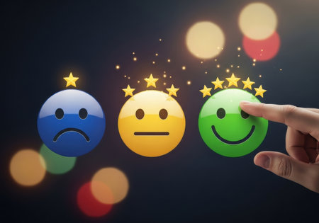 customer feedback rating scale with happy neutral and sad face icons showing user experience levels.の素材