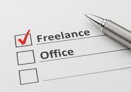 a checklist with freelance checked and a pen showing the choice of freelance work over office jobの素材