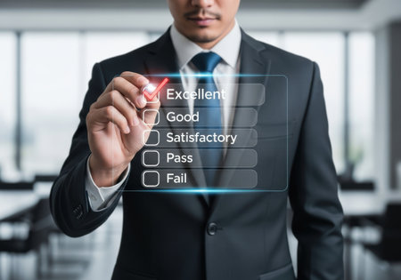 a businessman selecting excellent on a customer satisfaction survey showing positive feedback resultsの素材