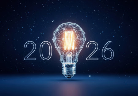 a glowing light bulb with a wireframe design represents innovation and future technology in year 2026の素材