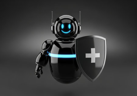 a friendly robot assistant provides healthcare with a shield, representing medical technology and careの素材