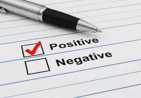 a close up of a positive choice selected with a red checkmark on a survey with a pen nearbyの素材