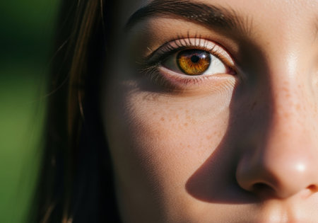a close up of a woman's face, highlighting her beautiful brown eyes and freckles on her skin.の素材