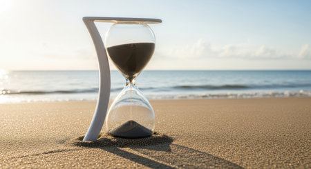 hourglass on beach representing time passing, summer vacation, and the ocean's peaceful horizon.の素材