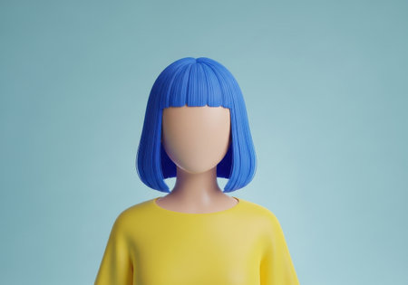 a cartoon avatar with blue hair and yellow shirt on a blue background creating a modern, simple designの素材