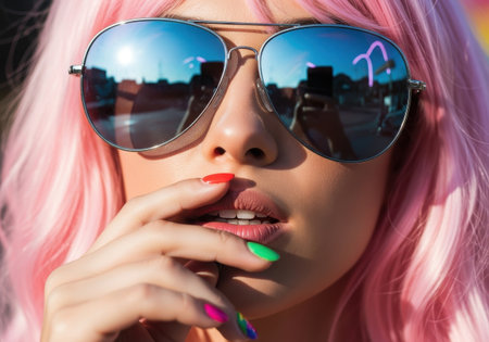 a stylish woman with pink hair and sunglasses shows off her colorful manicure in a glamour portraitの素材