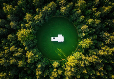 aerial view of a modern white house in a forest clearing, surrounded by lush green trees and natureの素材