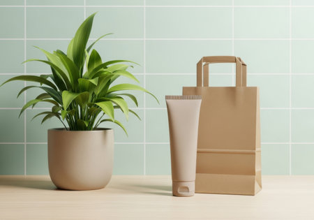 a product mockup featuring a tube, bag, and plant against a tiled backdrop for skincare branding.の素材
