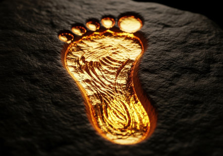 a golden footprint is imprinted on a dark rock surface, symbolizing history and ancient discoveries.の素材