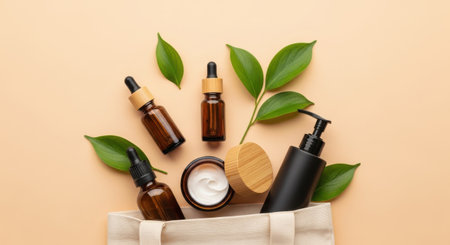 a selection of natural skincare products with leaves in a bag for beauty and wellness useの素材