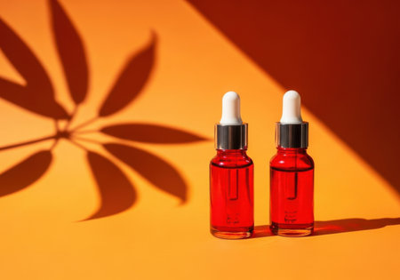 two red serum bottles are displayed on an orange background with a leaf shadow adding a natural touchの素材