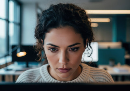 a focused woman working on a computer in a modern office environment with natural light coming in.の素材
