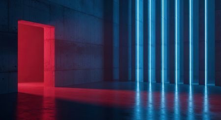3d rendering of an empty room with neon lights and a doorの素材