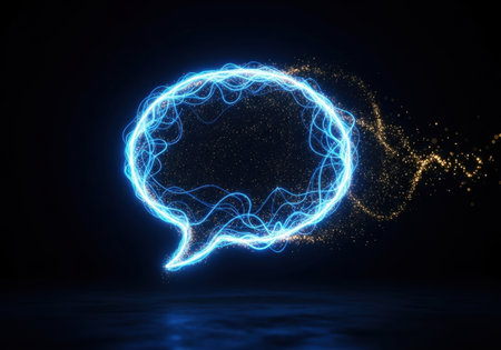Glowing speech bubble with lightning on dark background. 3D renderingの素材