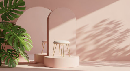 a minimal pink product display mockup with a stool, plant and shadows for presentation space.の素材