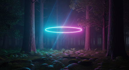 a neon circle glows in a dark forest, creating a mystical and enchanting atmosphere in the night sceneの素材