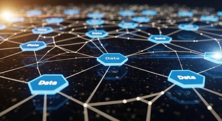 a digital data network connecting nodes, representing database systems and information flow onlineの素材