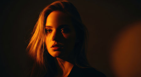 a striking portrait of a woman with blonde hair, bathed in dramatic lighting, creating a captivating and mysterious atmosphereの素材