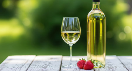 a refreshing glass of white wine with a bottle and some strawberries on a white wooden table against a green backgroundの素材