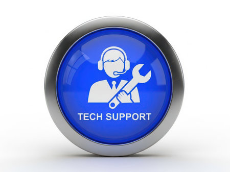 tech support icon on a blue button with a headset and wrench, representing online help and technical assistance services.の素材