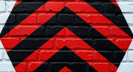 a striking brick wall featuring a bold red and black chevron pattern, creating an abstract and modern design element.の素材
